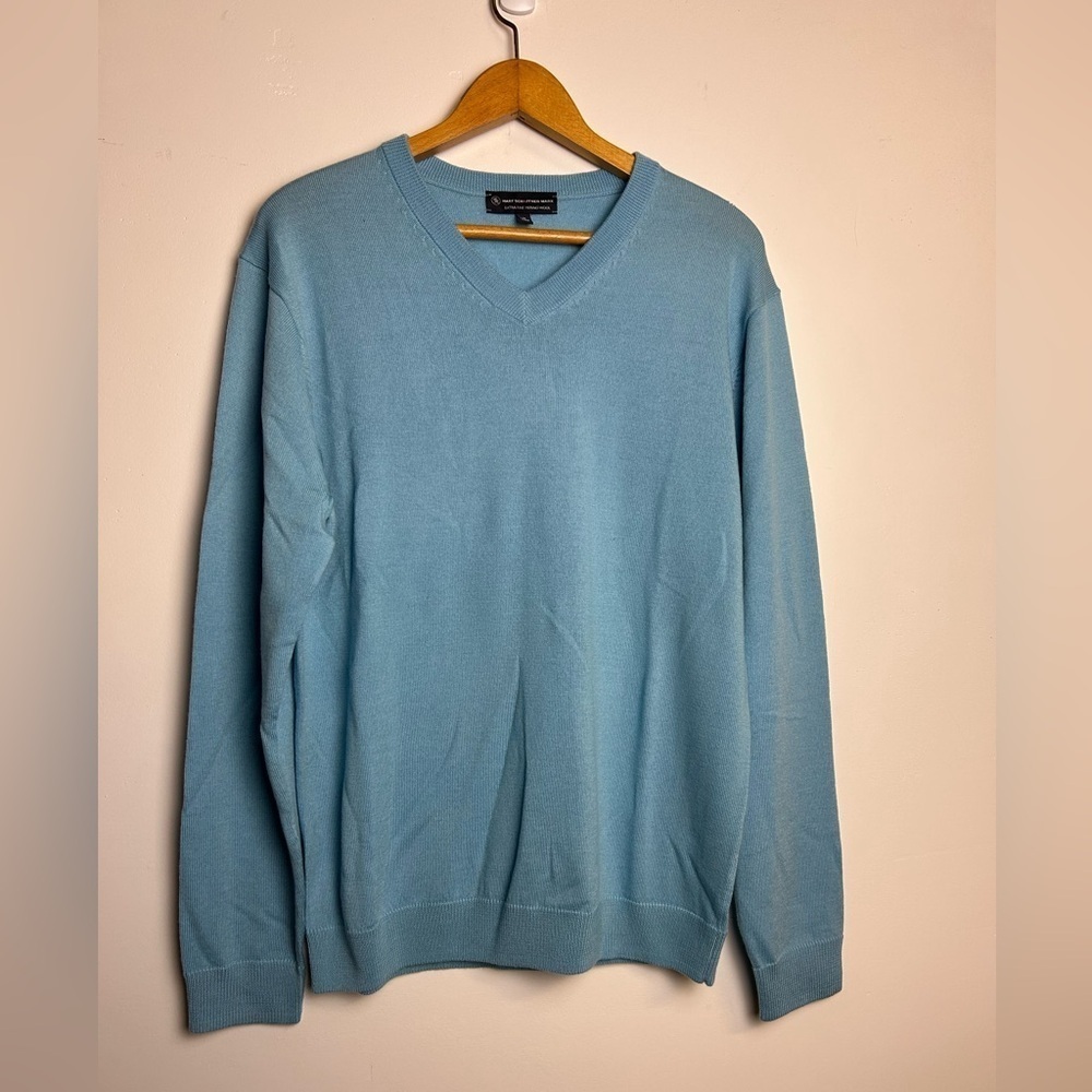 Hart Schaffner Marx Sweater Merino Wool Mens M Blue V-Neck Pullover Preppy